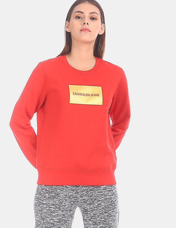 Buy Calvin Klein Women Red Round Neck Gold Box CK Logo Print Sweatshirt NNNOW