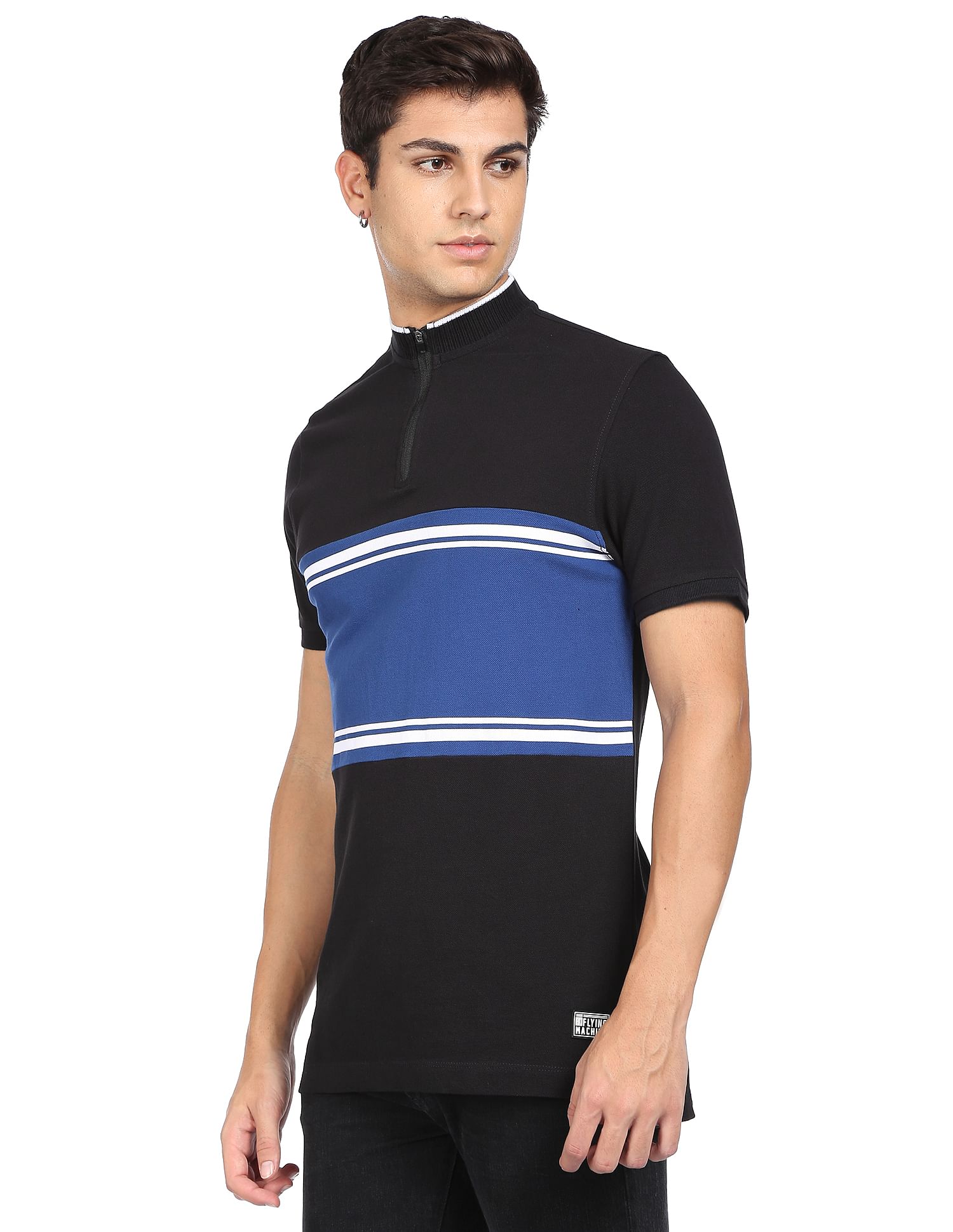 Flying Machine Mock Neck Horizontal Stripe Cotton T-Shirt