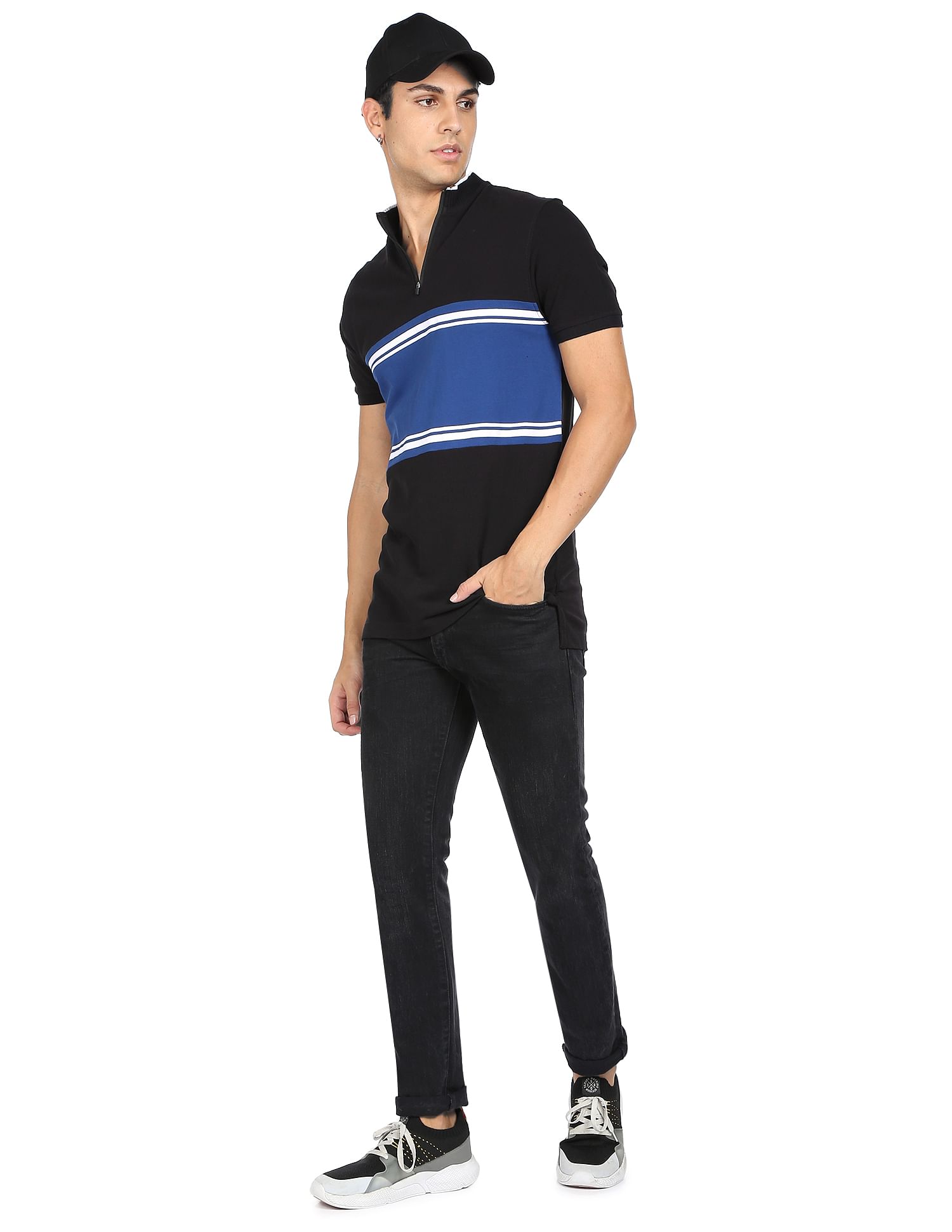 Flying Machine Mock Neck Horizontal Stripe Cotton T-Shirt