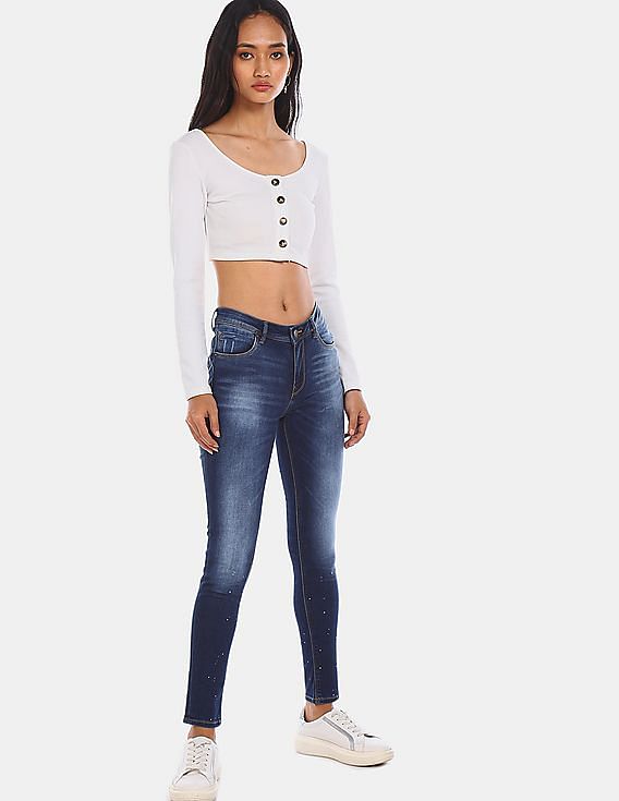 Flying Machine Women Blue Paint Splattered Twiggy Super Skinny Fit Jeans