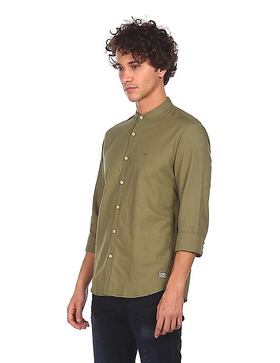 Flying Machine Mandarin Collar Solid Casual Shirt