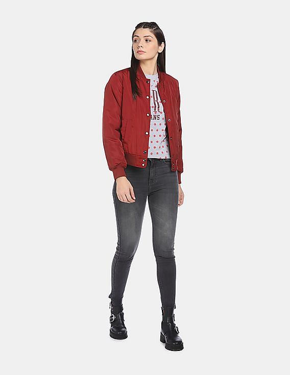 Aeropostale Women Red Solid Bomber Jacket