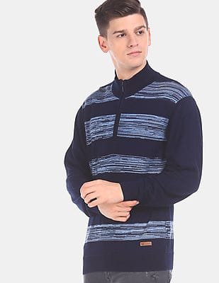 Buy Arrow Blue Jeans Company High Neck Half Zip Striped Sweater