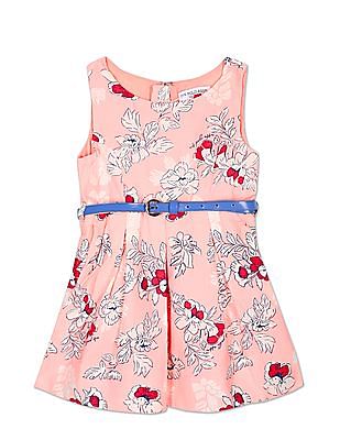 U S Polo Assn Kids Girls Peach Sleeveless Floral Print Fit And Flare Dress