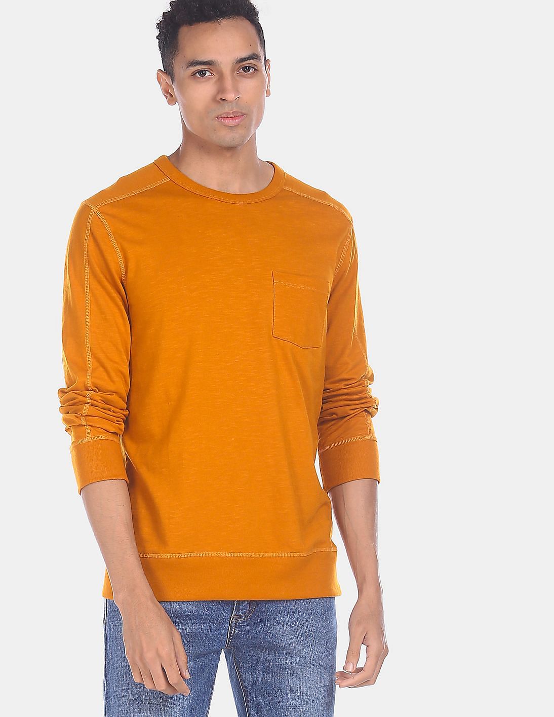Buy GAP Men Orange Crew Neck Long Sleeve Solid T-Shirt - NNNOW.com