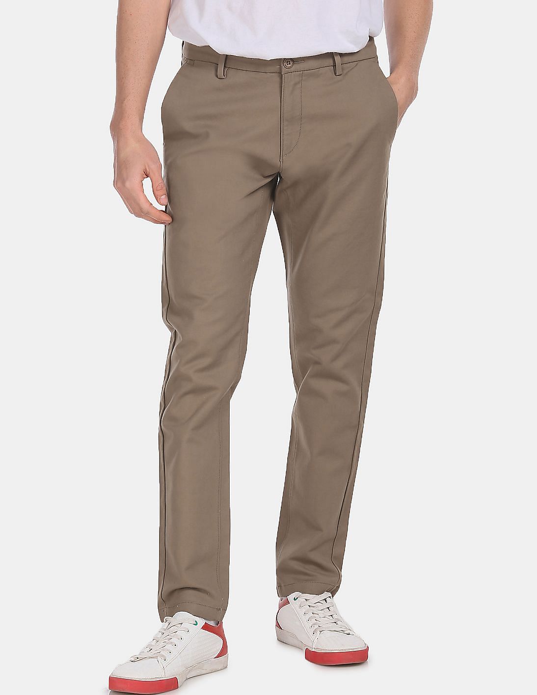 Buy U.S. Polo Assn. Men Dark Khaki Mid Rise Solid Casual Trousers ...