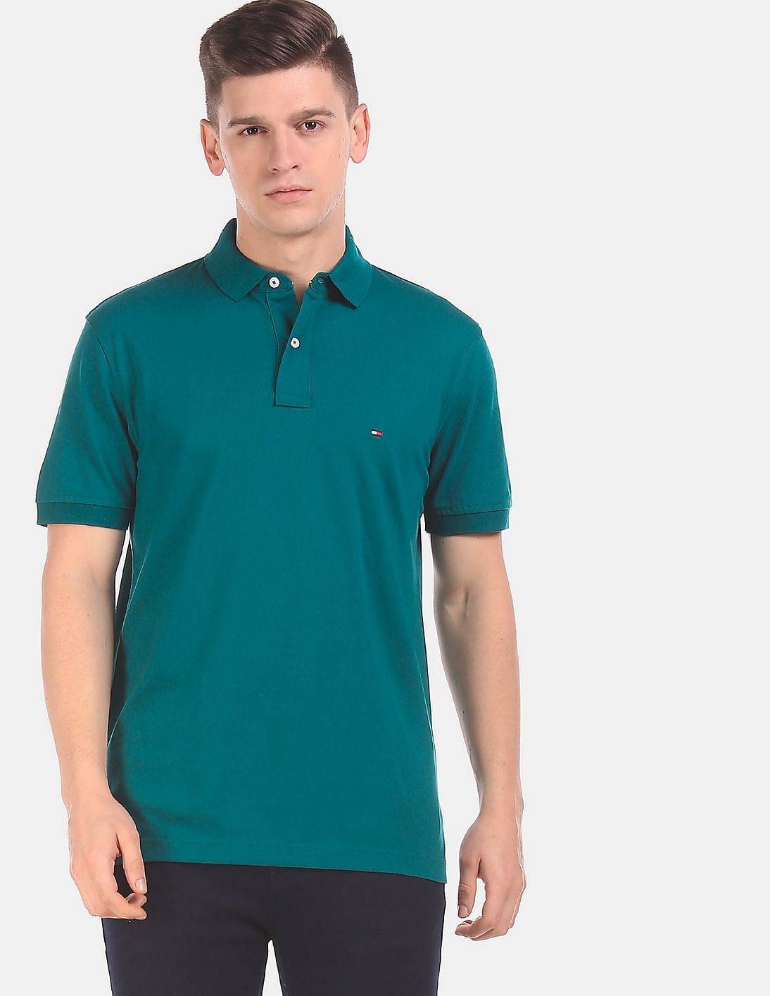 Buy Tommy Hilfiger Men Dark Green Short Sleeve With Ribbed Hems Solid 