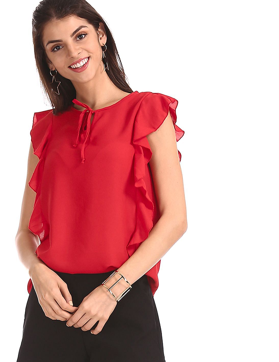 Buy SUGR Red Flutter Sleeve Woven Top - NNNOW.com