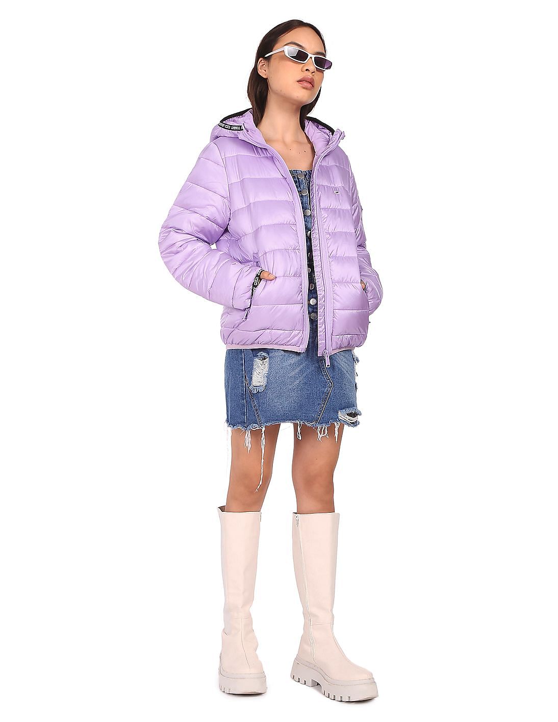 Buy Tommy Hilfiger Women Lavender Brand Tape Quilted Hooded