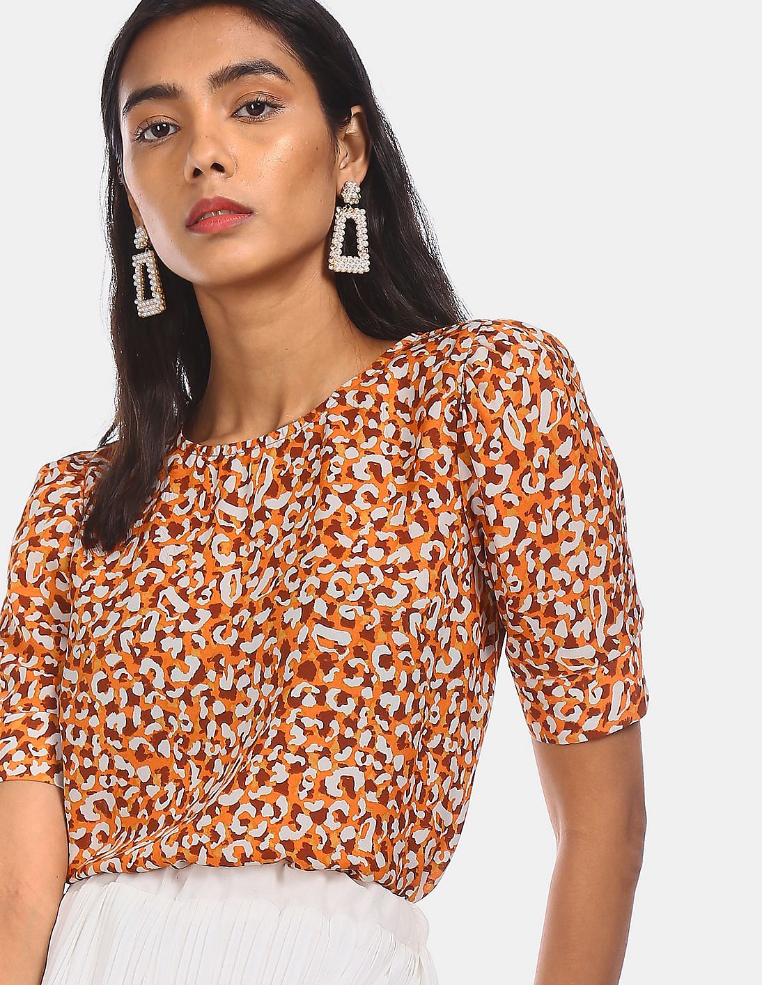 Buy Elle Studio Women Orange Puff Sleeve Animal Print Top Buy Elle Studio Women Orange Puff Sleeve Animal Print Top
