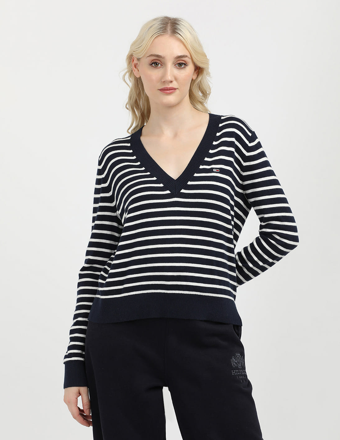 Buy Tommy Hilfiger Essential V Neck Horizontal stripes Sweater