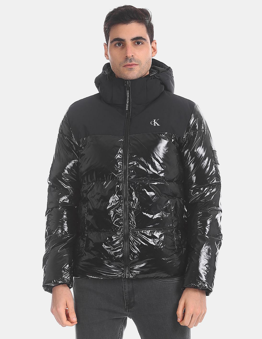 Buy Calvin Klein Men Black High Shine Hooded Puffer Jacket 