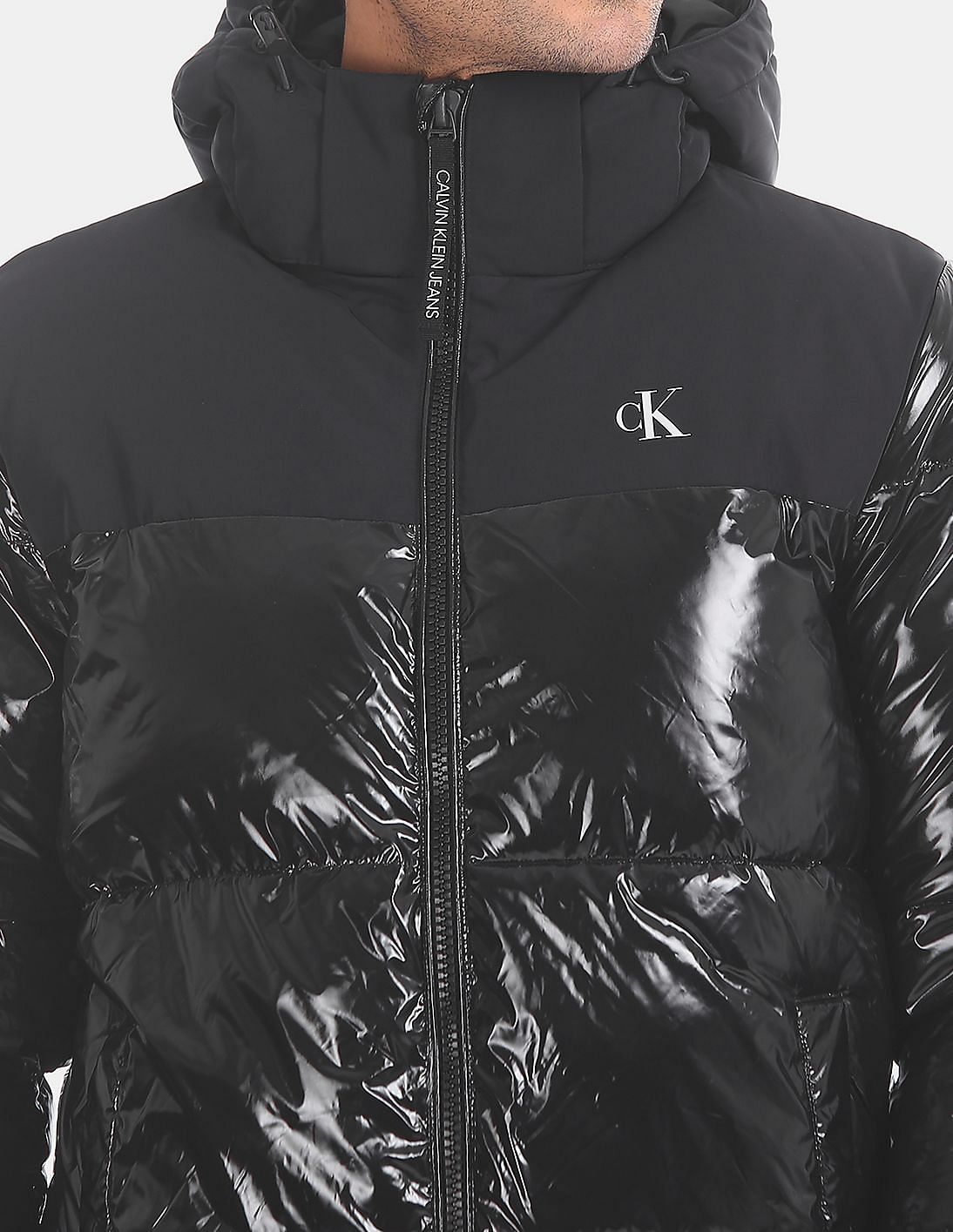 Calvin Klein High Shine Gloss Men’s Hooded Puffer Jacket Black Size XL Black