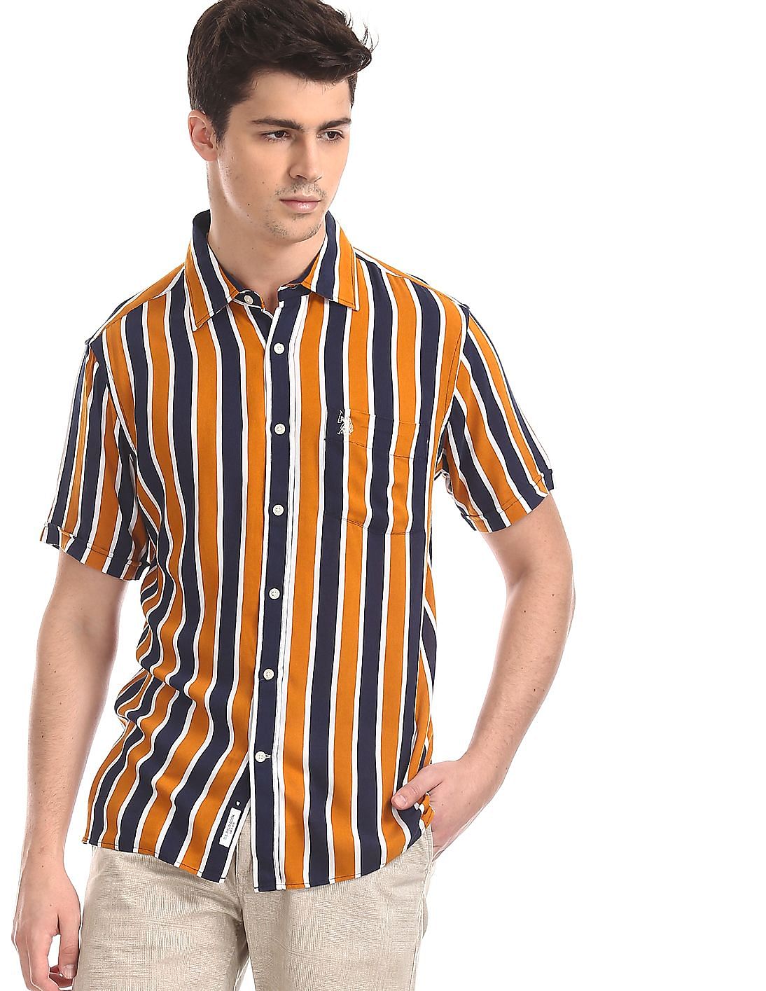 Buy Men Yellow Patch Pocket Vertical Stripe Shirt online at NNNOW.com