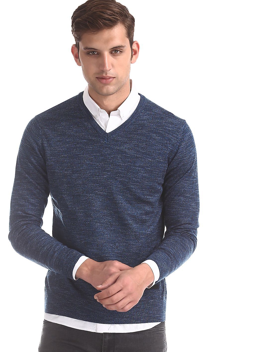 Buy Men Blue V-Neck Heathered Sweater online at NNNOW.com