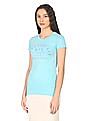 Aeropostale Women Aqua Cotton Brand Print T-Shirt