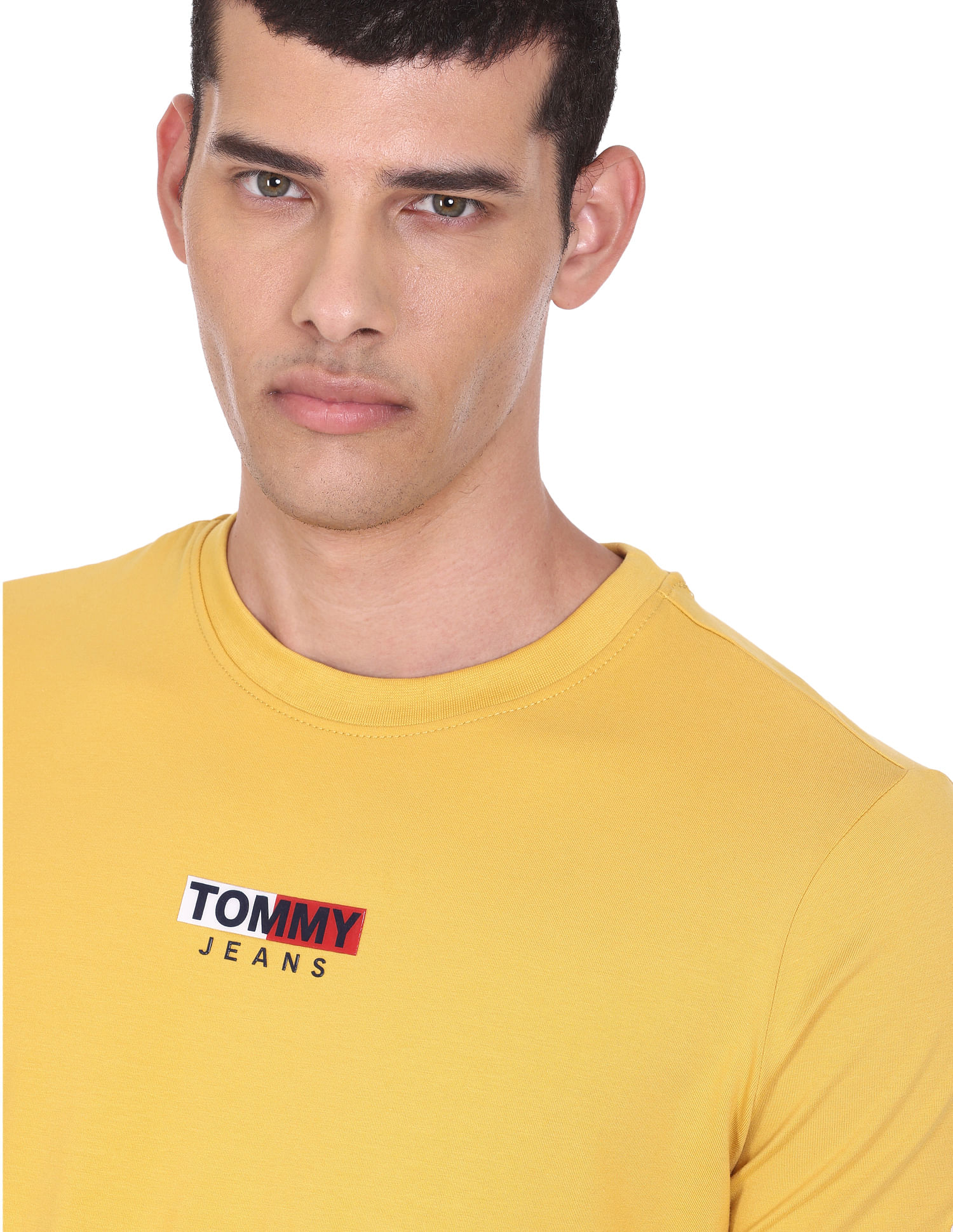 Tommy Hilfiger Men Yellow Vinyl Logo Print Solid T-Shirt