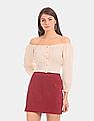 Aeropostale Women Beige And White Striped Off-Shoulder Top