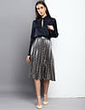 Tommy Hilfiger Metallic Monogram Pleated Midi Skirt