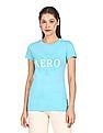 Aeropostale Women Aqua Crew Neck Brand Print T-Shirt