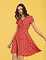Flying Machine Women Surplice Neck Polyester Floral Print Fit Flare Dress
