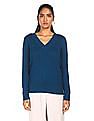 Tommy Hilfiger Women Blue V-Neck Cable Knit Sweater