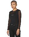 Calvin Klein Women Black Mesh Long Sleeve Brand Print Top